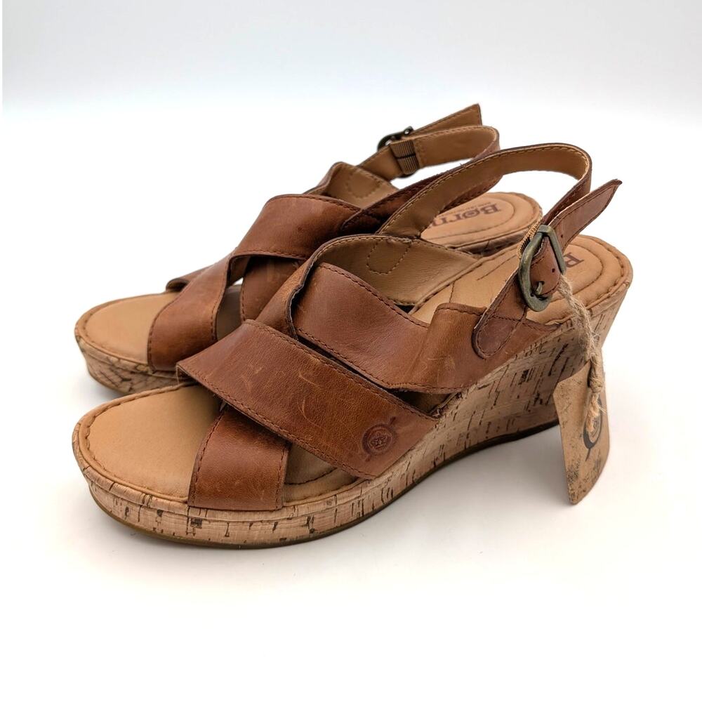 Born Sami Cork Slingback Wedge Sandals Women's Brown Leather Size US7M EU37.5